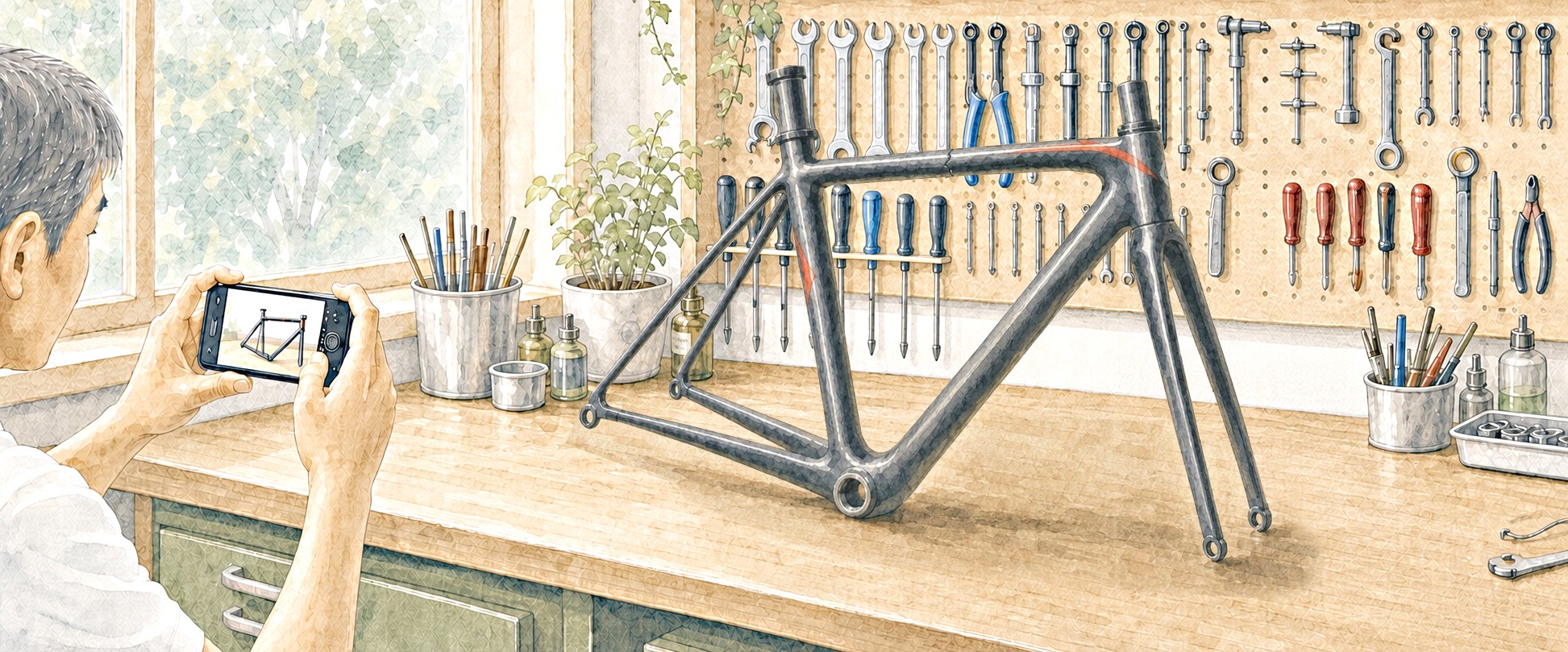自転車フレームの損傷箇所をスマートフォンで撮影している水彩画