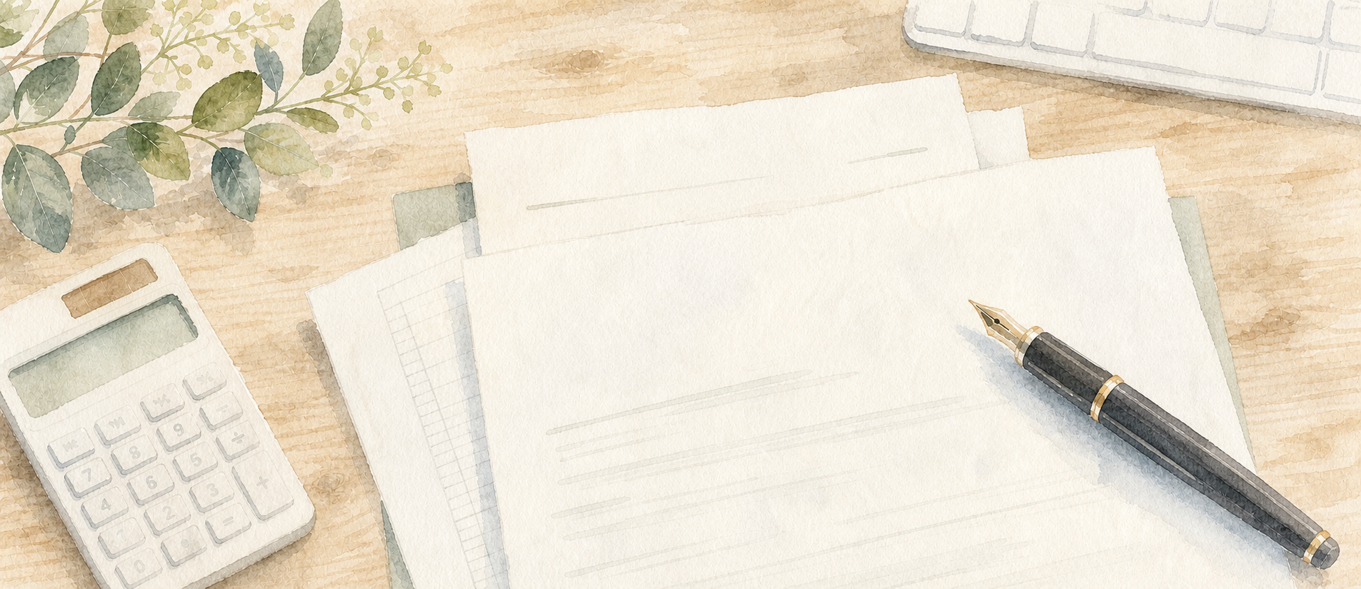 書類と筆記具を柔らかく描いた水彩画